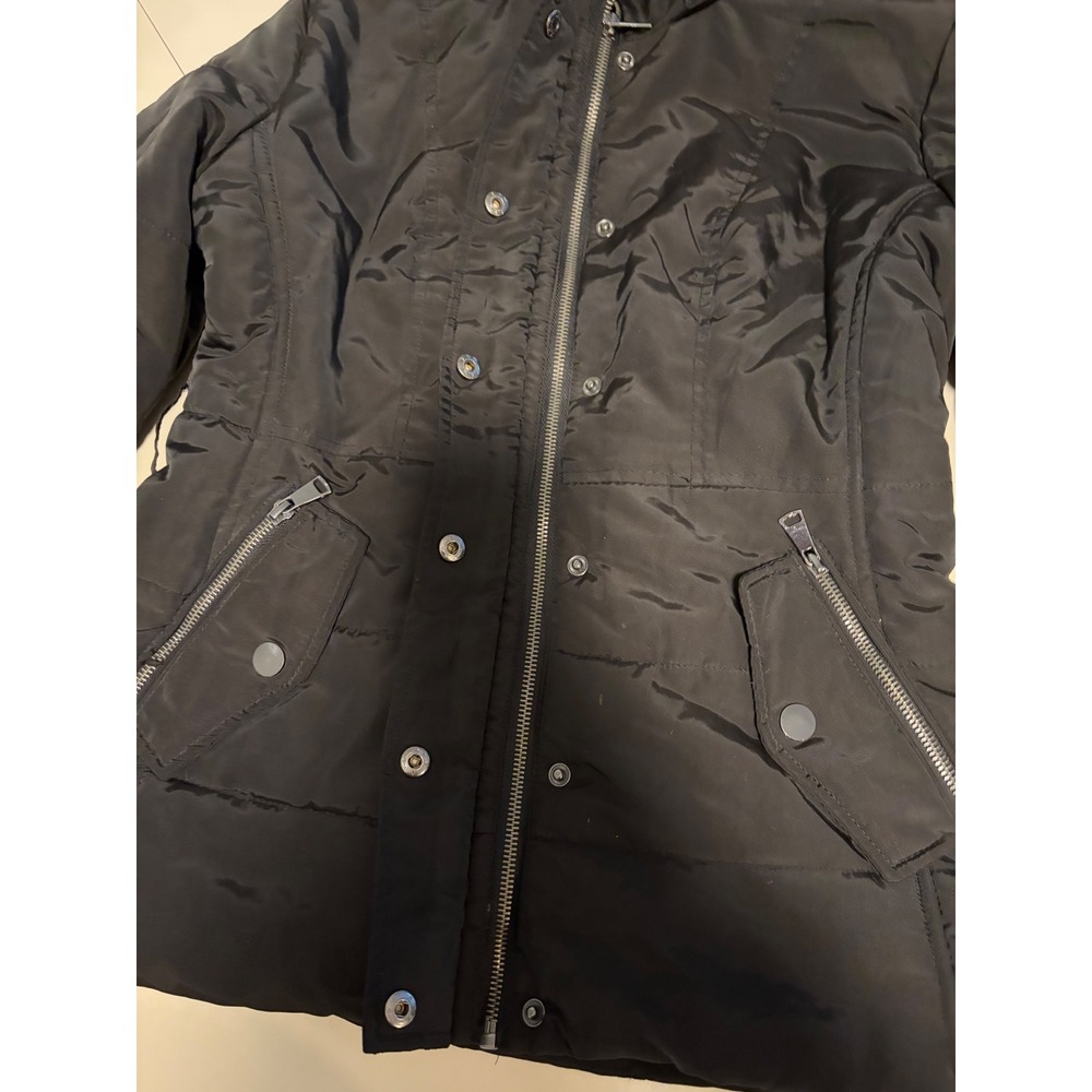 Black Faux Fur Trim Hooded Puffer Jacket Quilted Winter Coat Zip Up Women Small - Picture 3 of 16